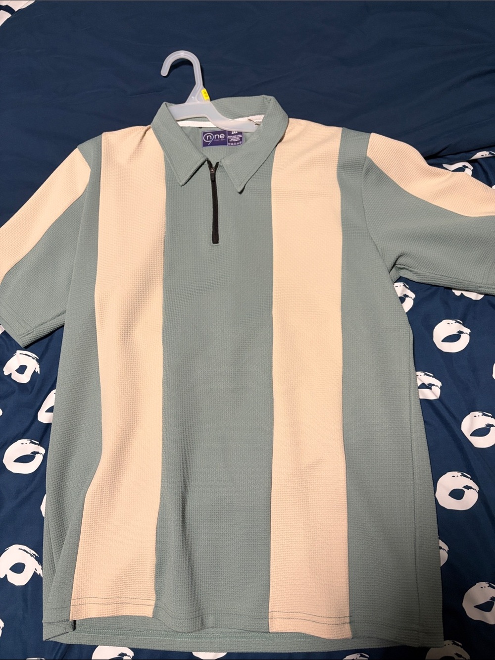 Men’s Vertical Stripe Polo with Zip Collar - Green & Cream